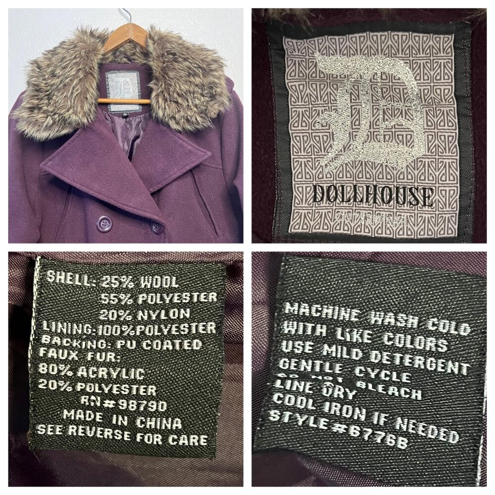 Dollhouse Women's Burgundy Peacoat Jacket Faux Fur Collar XL Double Breasted - Picture 10 of 16